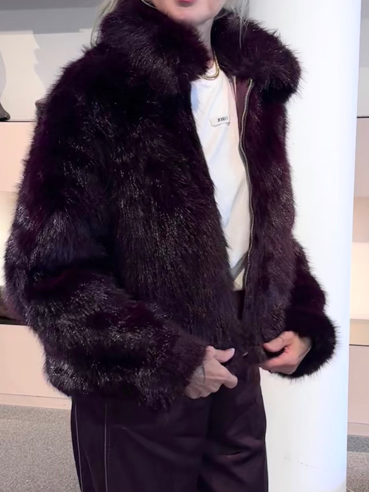 Faux Fur Jacket - Black Cherry / Tawny Port